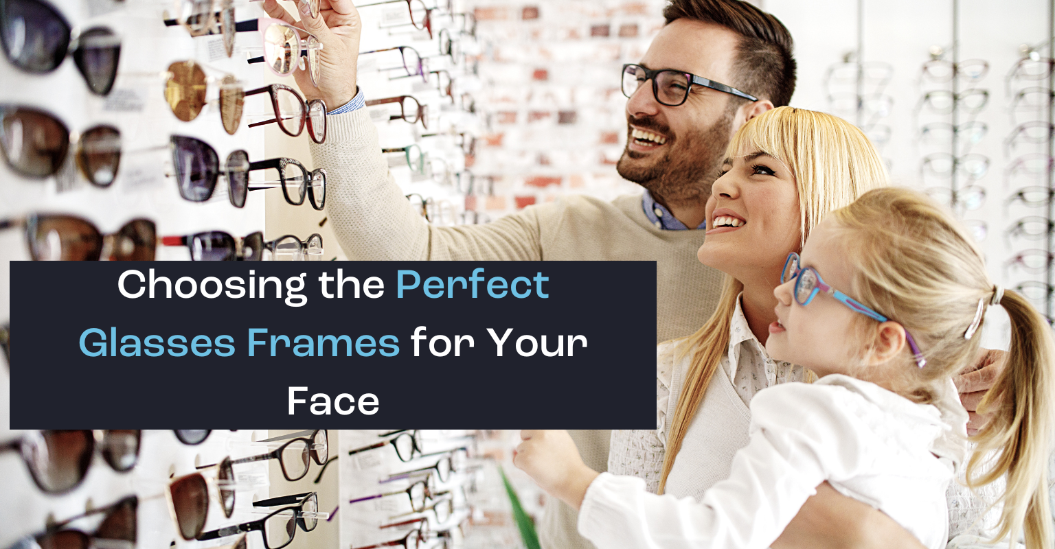 Family consisting of a husband and wife with their daughter looking for glasses frames