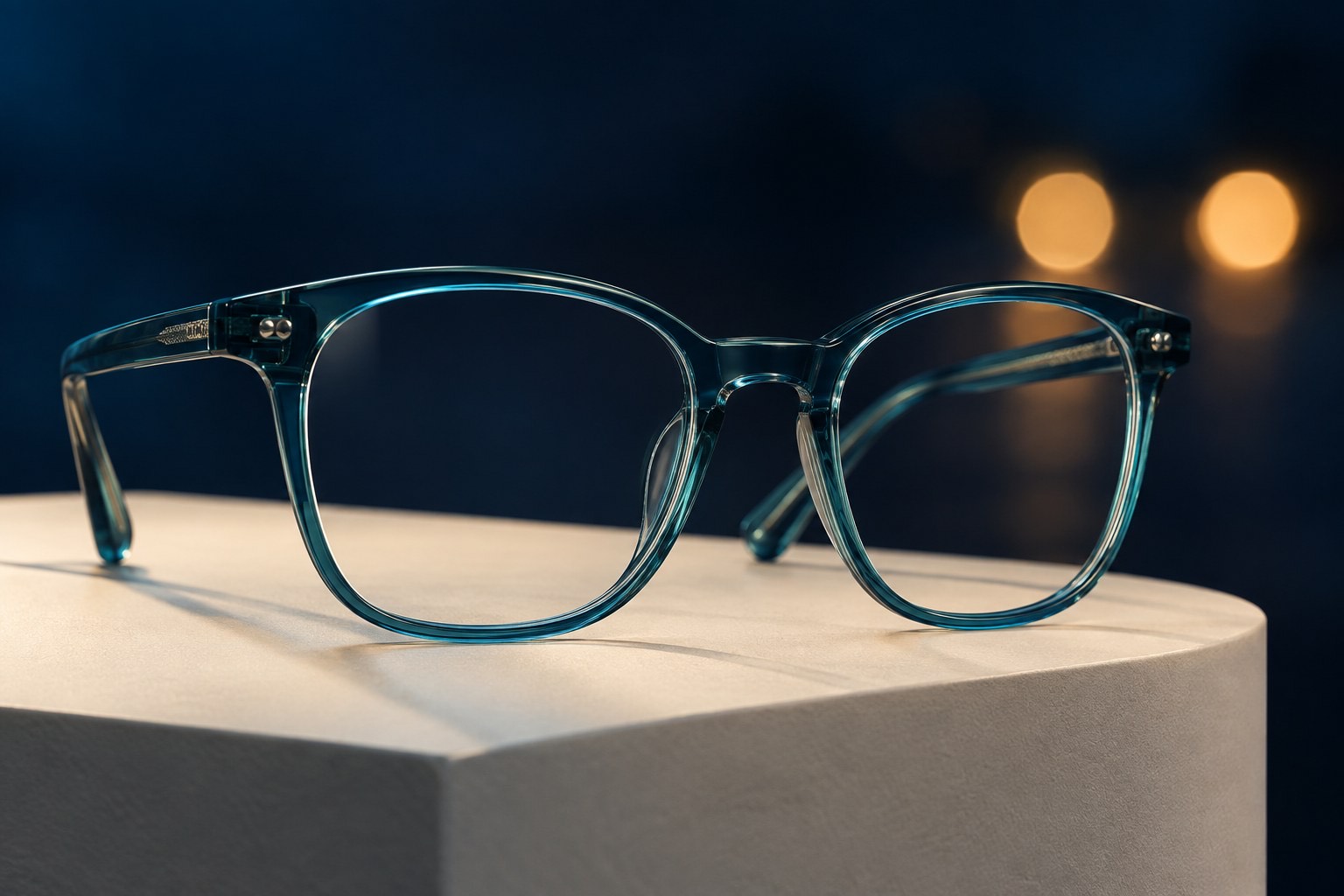 Clear prescription glasses with anti-reflective lenses against a night-time background