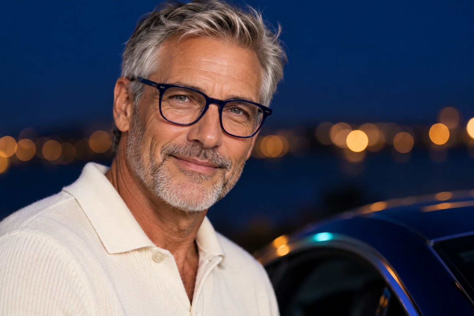 Smiling older man wearing glasses beside a car at night
