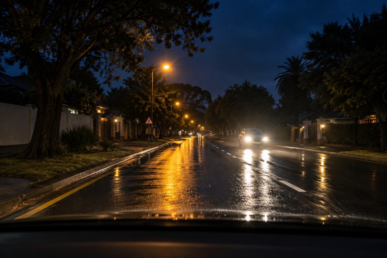 Headlights and streetlights reflecting on a wet road at night