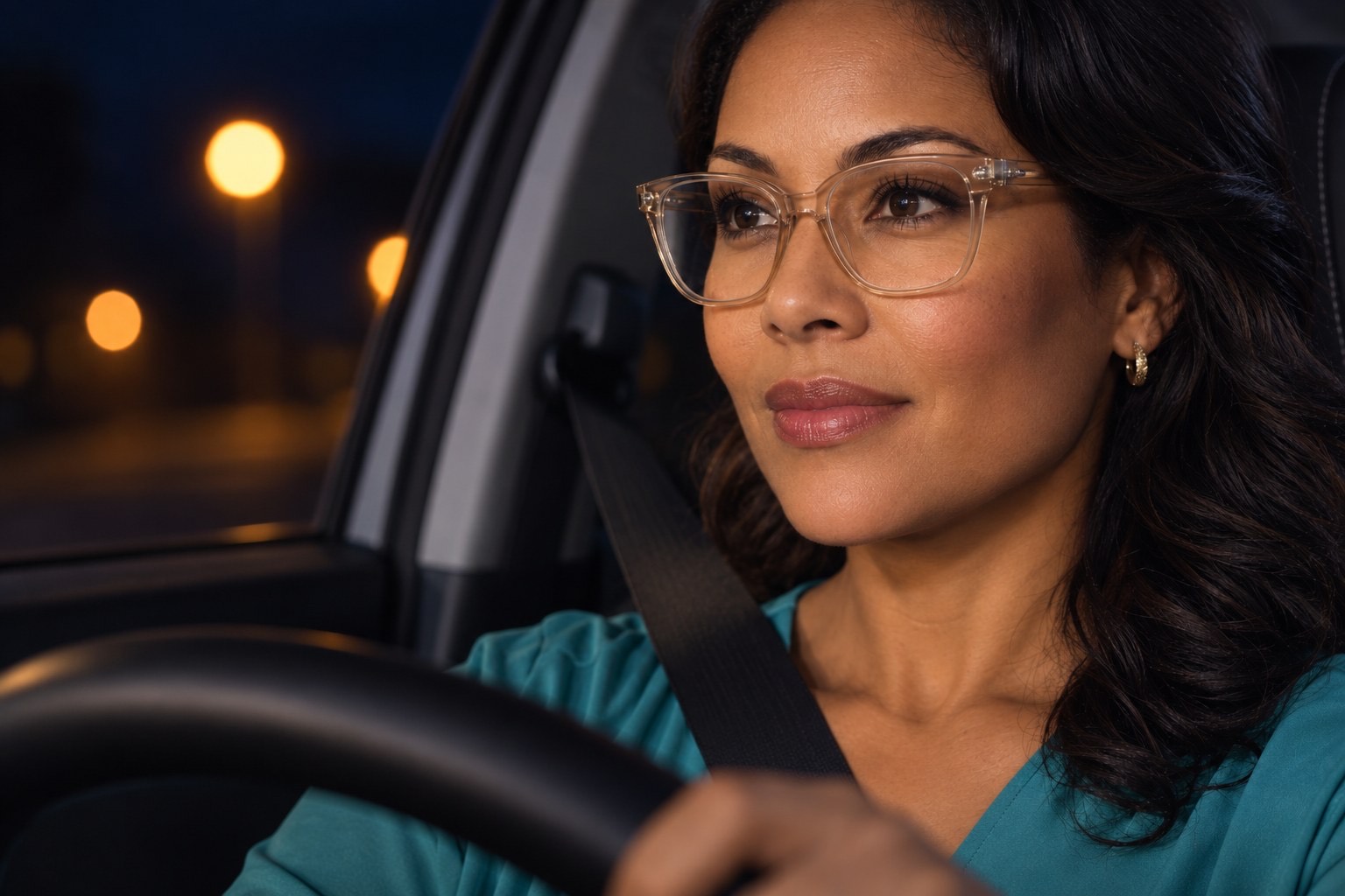 Woman wearing glasses driving at night with streetlights in the background